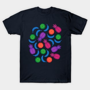 TROPICAL FRUITS WITH LOTSA DOTS in Juicy Summer Beach Brights on Deep Blue - UnBlink Studio by Jackie Tahara T-Shirt